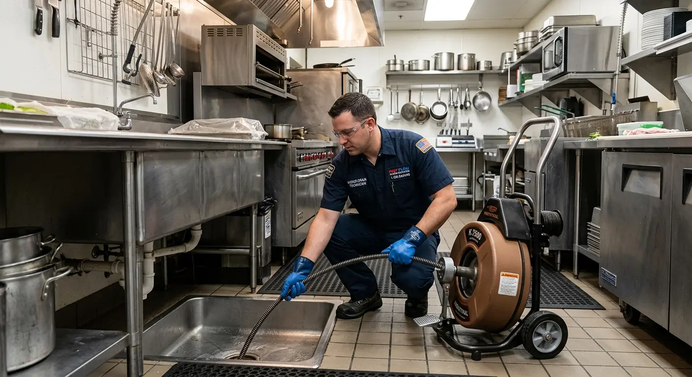 Commercial drain cleaning service in a restaurant kitchen in Garland