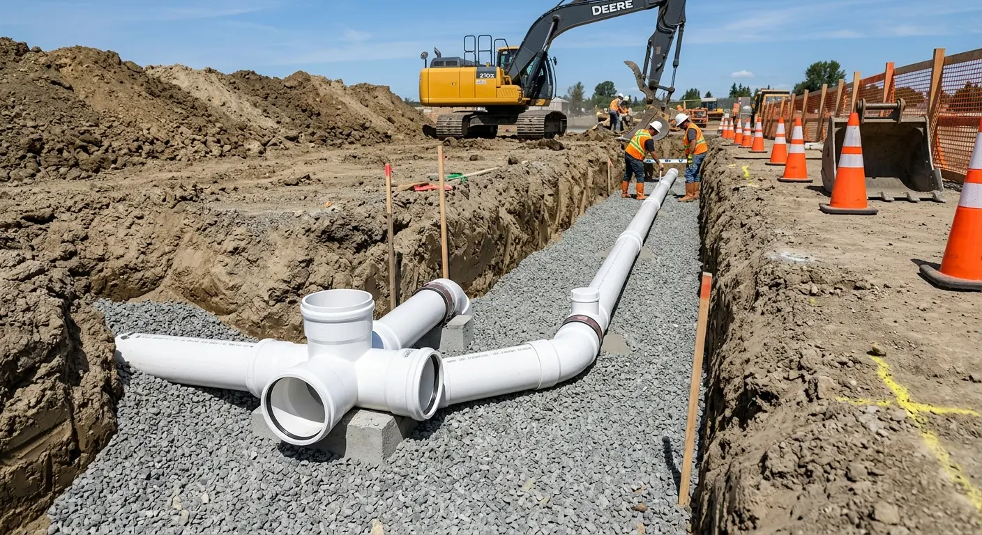 New PVC sewer pipe installation in open trench for Grease Trap Cleaning in Garland