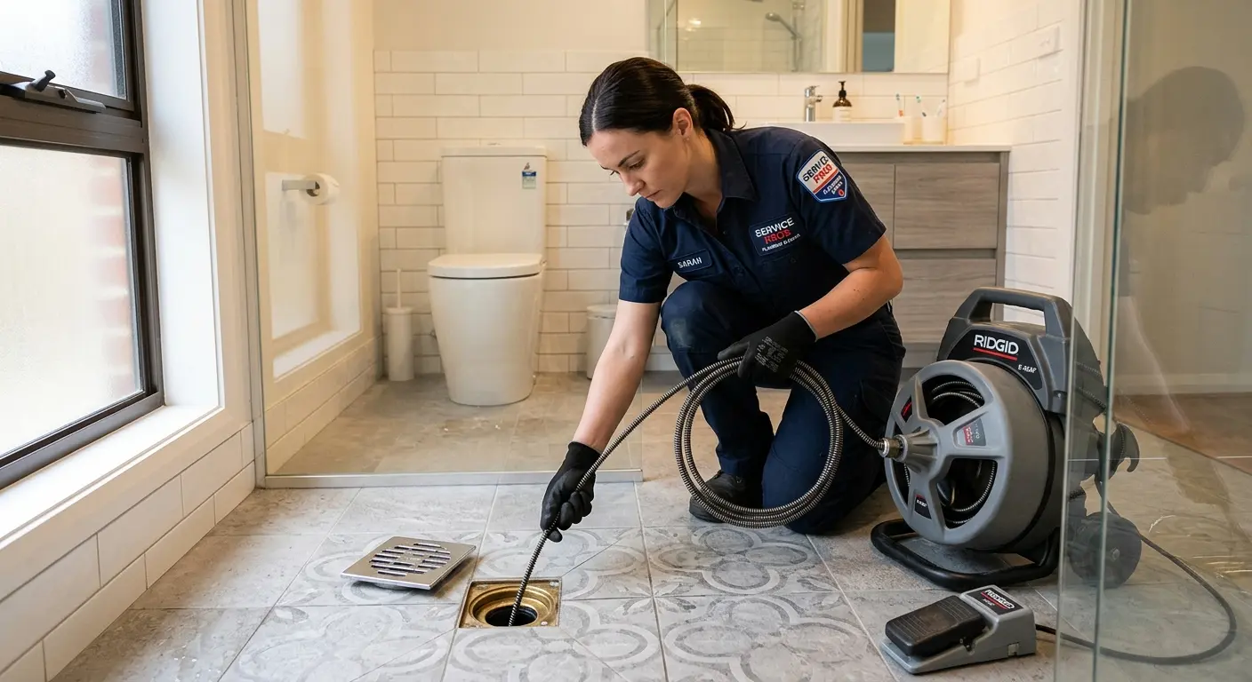 Technician clearing a bathroom floor drain for Drain Repair in Garland